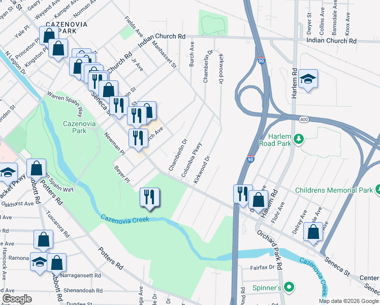 map of restaurants, bars, coffee shops, grocery stores, and more near 70 Columbia Parkway in Buffalo