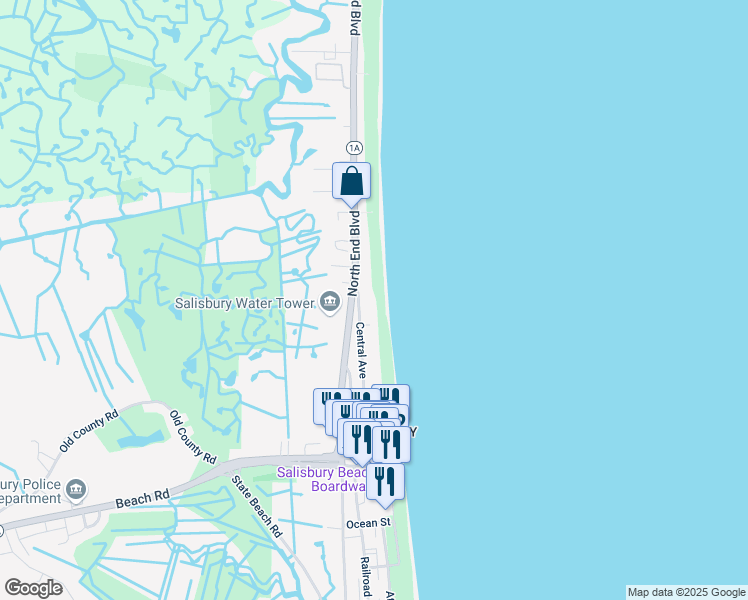 map of restaurants, bars, coffee shops, grocery stores, and more near 136 Central Avenue in Salisbury