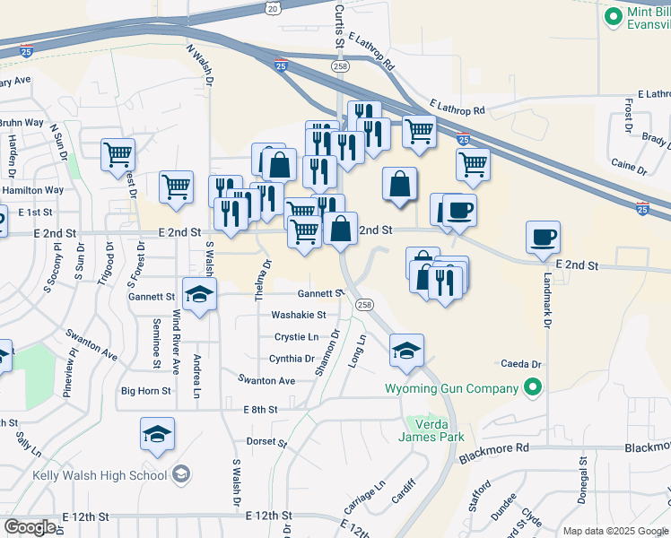 map of restaurants, bars, coffee shops, grocery stores, and more near 337-347 Wyoming Boulevard Southeast in Casper