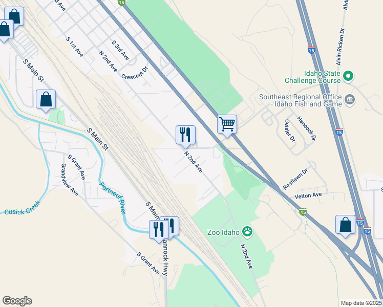 map of restaurants, bars, coffee shops, grocery stores, and more near 2360 South 2nd Avenue in Pocatello