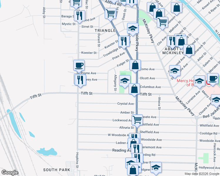 map of restaurants, bars, coffee shops, grocery stores, and more near 19 Folger Street in Buffalo