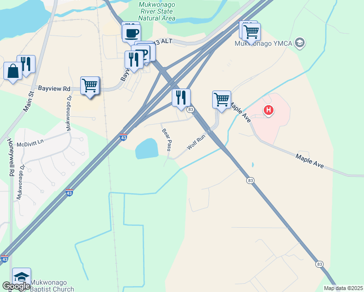 map of restaurants, bars, coffee shops, grocery stores, and more near 1246 Bear Pass in Mukwonago