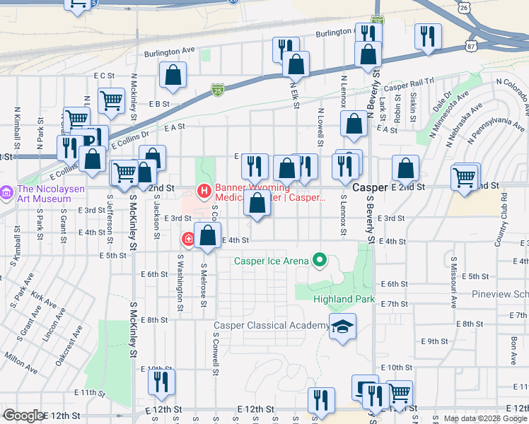 map of restaurants, bars, coffee shops, grocery stores, and more near 245 South Fenway Street in Casper