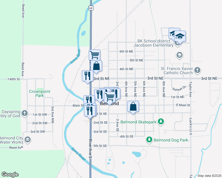 map of restaurants, bars, coffee shops, grocery stores, and more near 300-398 2nd Street Northeast in Belmond