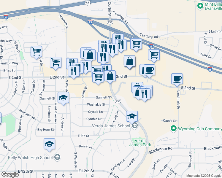 map of restaurants, bars, coffee shops, grocery stores, and more near 337 Wyoming Boulevard Southeast in Casper
