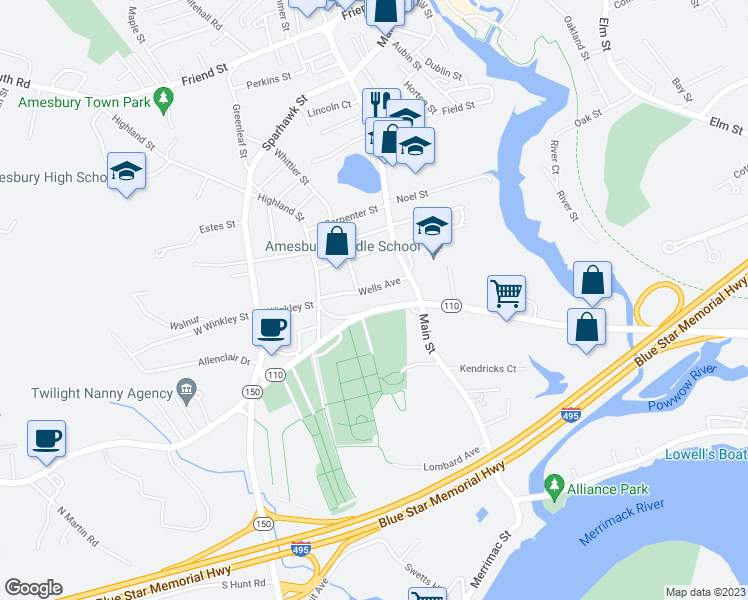 map of restaurants, bars, coffee shops, grocery stores, and more near 10 Wells Avenue in Amesbury