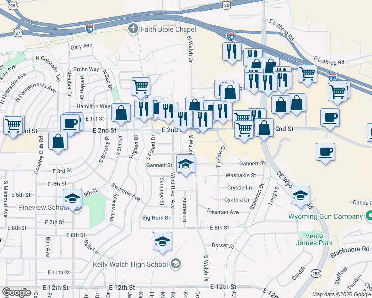 map of restaurants, bars, coffee shops, grocery stores, and more near 3600 Medicine Bow Street in Casper