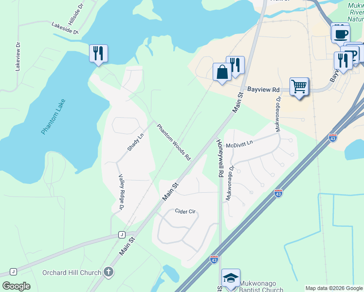 map of restaurants, bars, coffee shops, grocery stores, and more near 540 Phantom Woods Road in Mukwonago