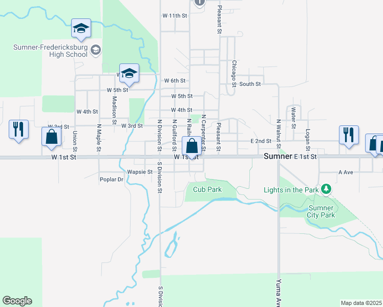 map of restaurants, bars, coffee shops, grocery stores, and more near 118 West 1st Street in Sumner
