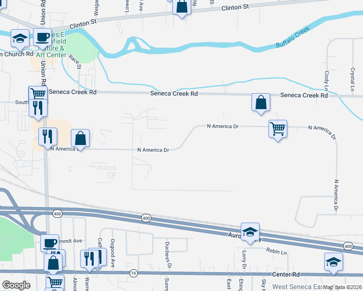 map of restaurants, bars, coffee shops, grocery stores, and more near North America Drive in West Seneca