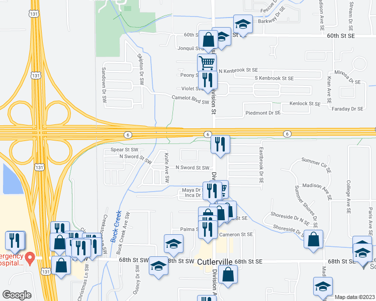 map of restaurants, bars, coffee shops, grocery stores, and more near 308 Carriage Lane Southwest in Grand Rapids