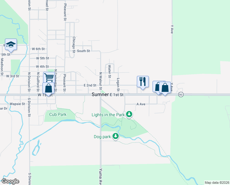 map of restaurants, bars, coffee shops, grocery stores, and more near 526 East 1st Street in Sumner