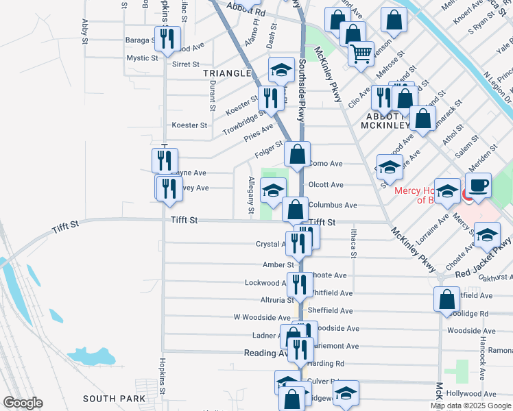 map of restaurants, bars, coffee shops, grocery stores, and more near 19 Allegany Street in Buffalo