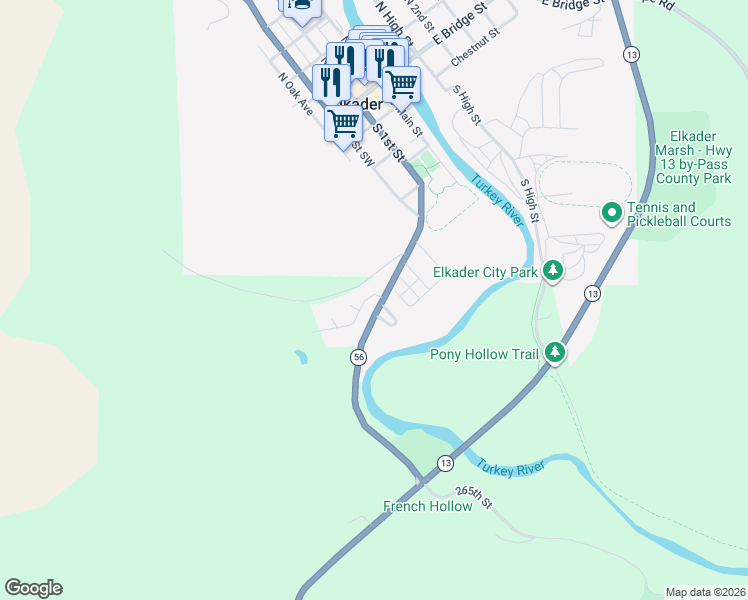 map of restaurants, bars, coffee shops, grocery stores, and more near 101 Reimer Street Southwest in Elkader