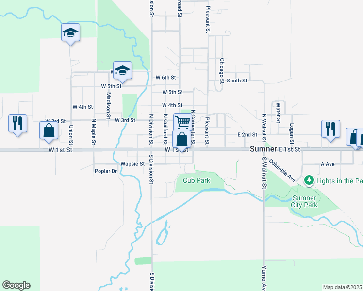 map of restaurants, bars, coffee shops, grocery stores, and more near 118 West 1st Street in Sumner