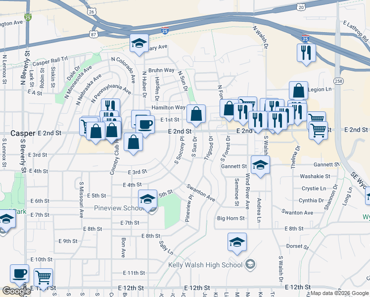 map of restaurants, bars, coffee shops, grocery stores, and more near 333 South Socony Place in Casper