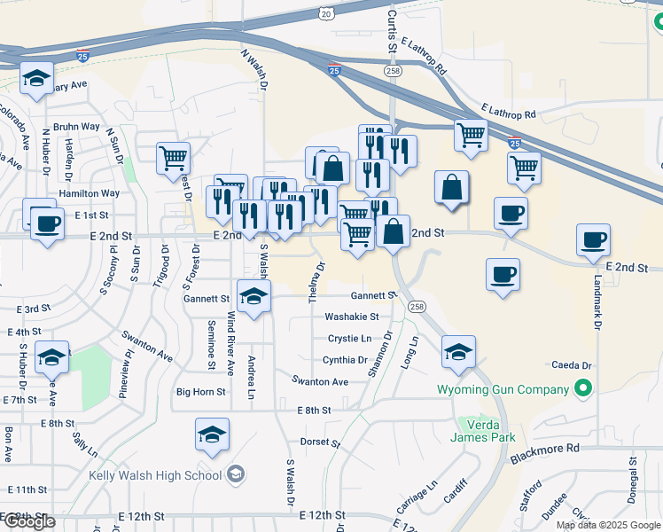 map of restaurants, bars, coffee shops, grocery stores, and more near 455 Thelma Drive in Casper