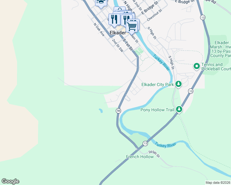 map of restaurants, bars, coffee shops, grocery stores, and more near 101-111 Reimer Street Southwest in Elkader