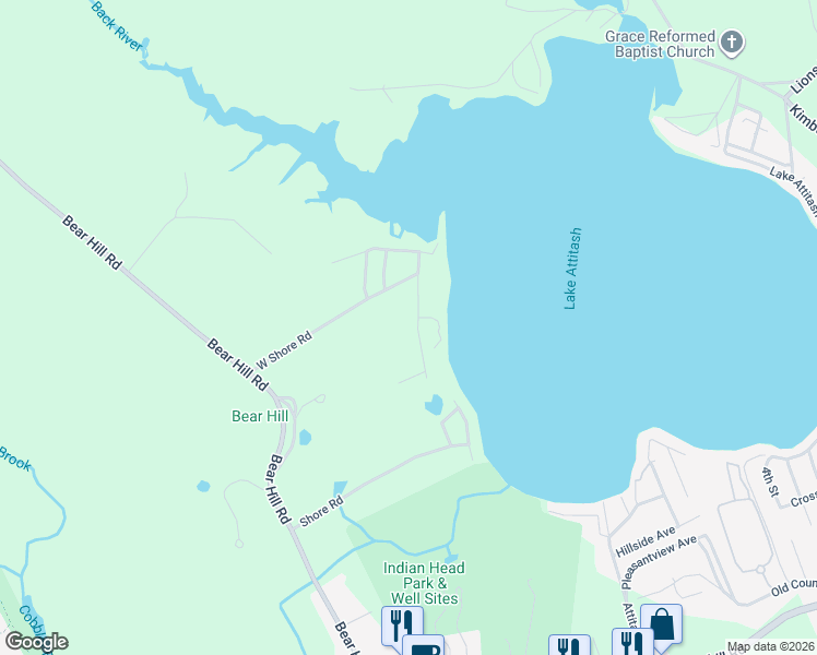 map of restaurants, bars, coffee shops, grocery stores, and more near 34 West Shore Road in Merrimac