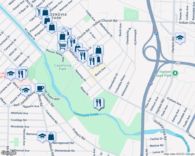 map of restaurants, bars, coffee shops, grocery stores, and more near 2449 Seneca Street in Buffalo