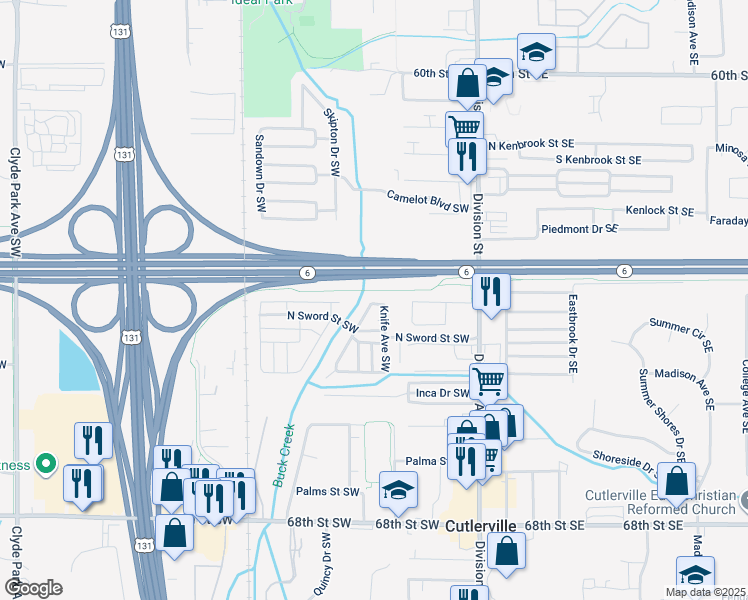map of restaurants, bars, coffee shops, grocery stores, and more near 6428 Knife Avenue Southwest in Grand Rapids