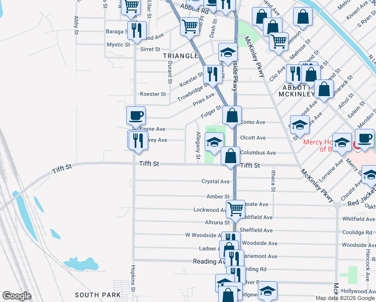 map of restaurants, bars, coffee shops, grocery stores, and more near 19 Folger Street in Buffalo