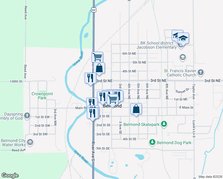 map of restaurants, bars, coffee shops, grocery stores, and more near 300 2nd Street Northeast in Belmond