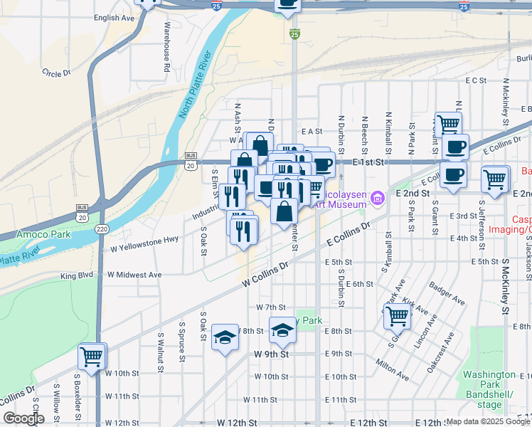 map of restaurants, bars, coffee shops, grocery stores, and more near 302 South David Street in Casper