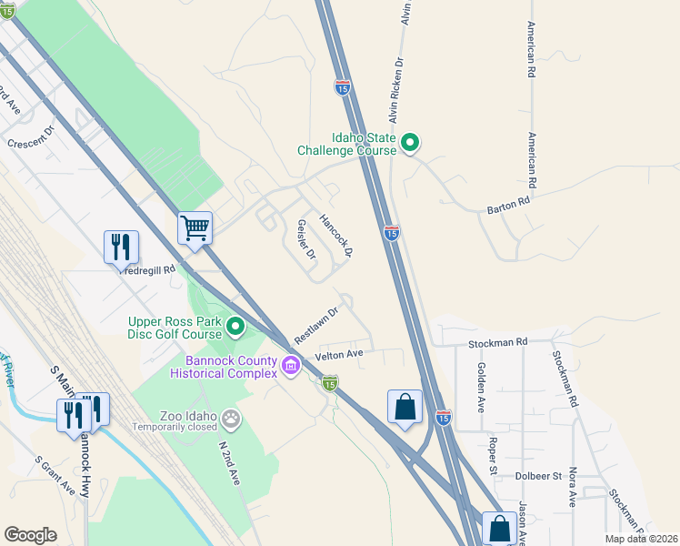 map of restaurants, bars, coffee shops, grocery stores, and more near Restlawn Drive in Pocatello