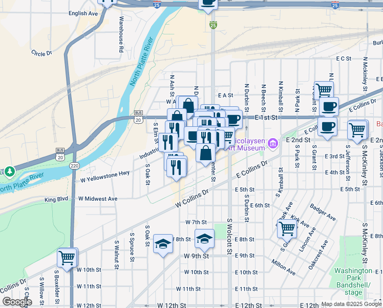 map of restaurants, bars, coffee shops, grocery stores, and more near 302 South David Street in Casper