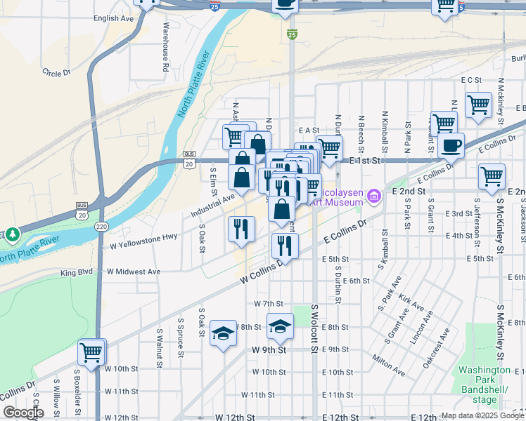 map of restaurants, bars, coffee shops, grocery stores, and more near 355 S Ash St in Casper