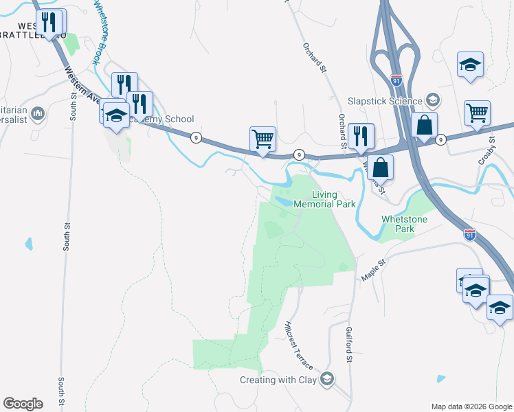 map of restaurants, bars, coffee shops, grocery stores, and more near 77 Brookside Drive in Brattleboro