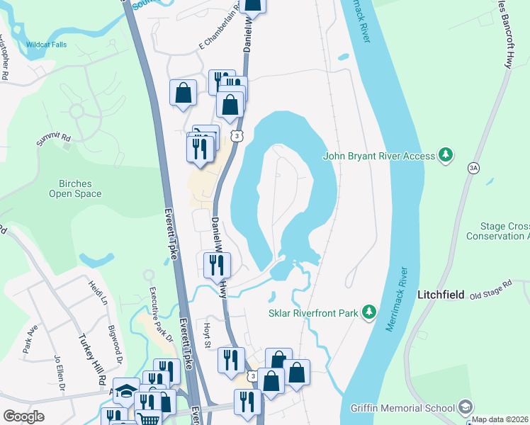 map of restaurants, bars, coffee shops, grocery stores, and more near 34 Island Drive in Merrimack