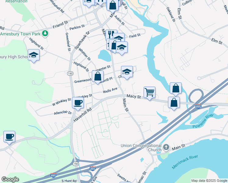 map of restaurants, bars, coffee shops, grocery stores, and more near 10 Wells Avenue in Amesbury