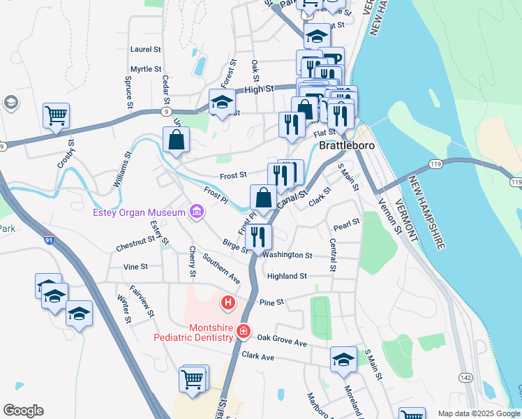 map of restaurants, bars, coffee shops, grocery stores, and more near 165 Canal Street in Brattleboro