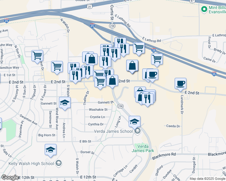 map of restaurants, bars, coffee shops, grocery stores, and more near 301 Wyoming Boulevard Southeast in Casper