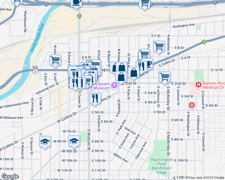 map of restaurants, bars, coffee shops, grocery stores, and more near 400 East Collins Drive in Casper