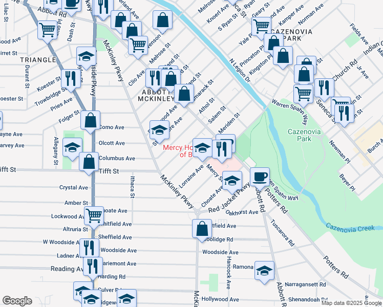 map of restaurants, bars, coffee shops, grocery stores, and more near 52 Alsace Avenue in Buffalo
