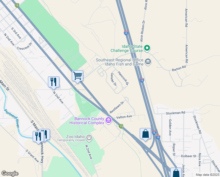 map of restaurants, bars, coffee shops, grocery stores, and more near 2806 South 5th Avenue in Pocatello