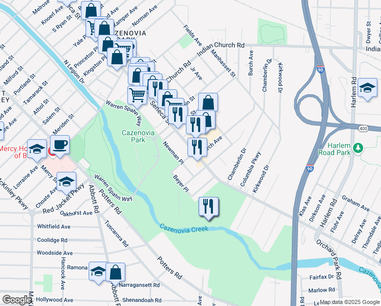 map of restaurants, bars, coffee shops, grocery stores, and more near 2449 Seneca Street in Buffalo