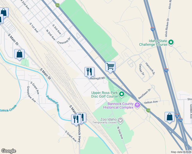 map of restaurants, bars, coffee shops, grocery stores, and more near 2360 South 2nd Avenue in Pocatello