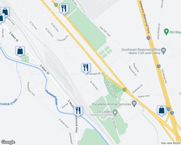 map of restaurants, bars, coffee shops, grocery stores, and more near 2360 South 2nd Avenue in Pocatello