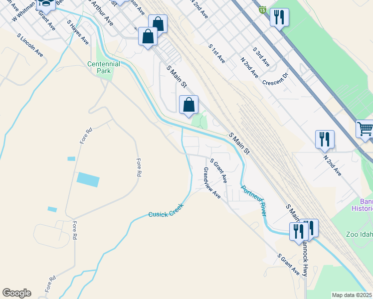 map of restaurants, bars, coffee shops, grocery stores, and more near 1693-1813 South Grant Avenue in Pocatello