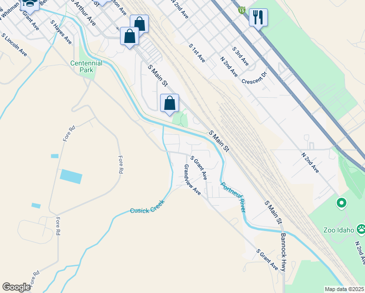 map of restaurants, bars, coffee shops, grocery stores, and more near 1819 Whitewater Street in Pocatello
