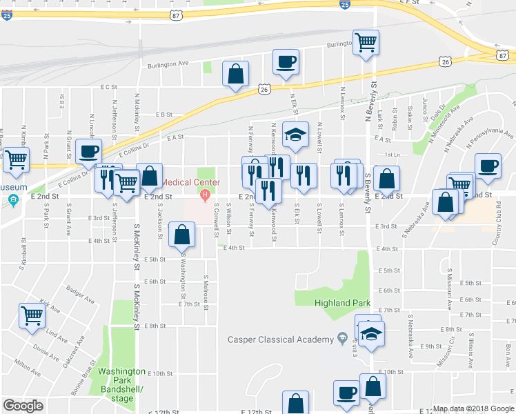 map of restaurants, bars, coffee shops, grocery stores, and more near 221 South Fenway Street in Casper