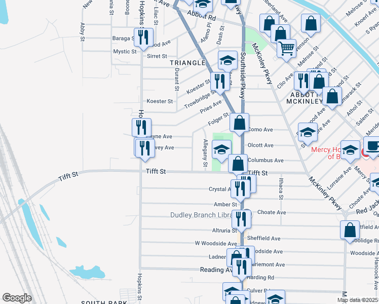 map of restaurants, bars, coffee shops, grocery stores, and more near 44 Folger Street in Buffalo