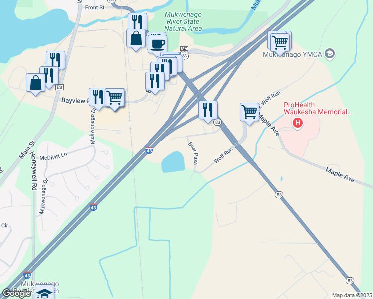 map of restaurants, bars, coffee shops, grocery stores, and more near 1215 Bear Pass in Mukwonago