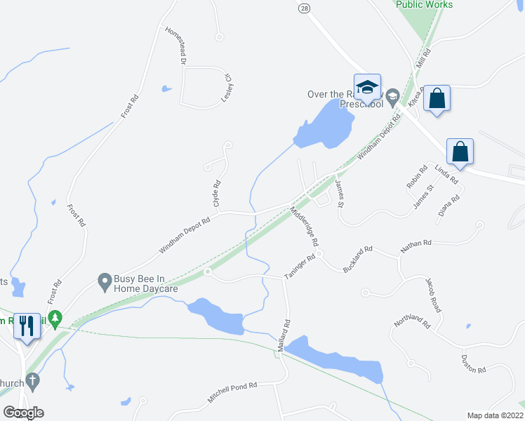map of restaurants, bars, coffee shops, grocery stores, and more near 35 Windham Depot Road in Derry