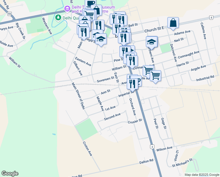 map of restaurants, bars, coffee shops, grocery stores, and more near 91 Ann Street in Delhi