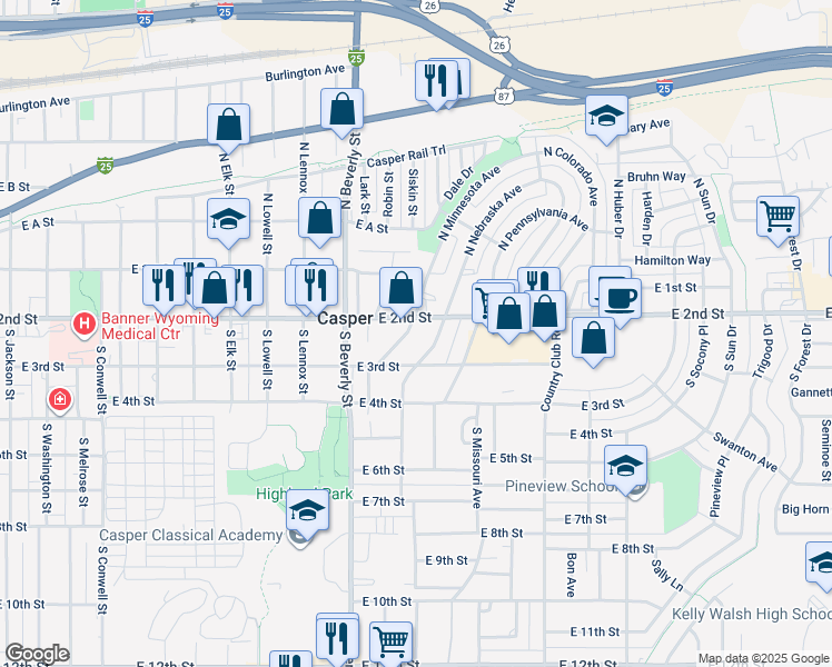 map of restaurants, bars, coffee shops, grocery stores, and more near 215 South Minnesota Avenue in Casper